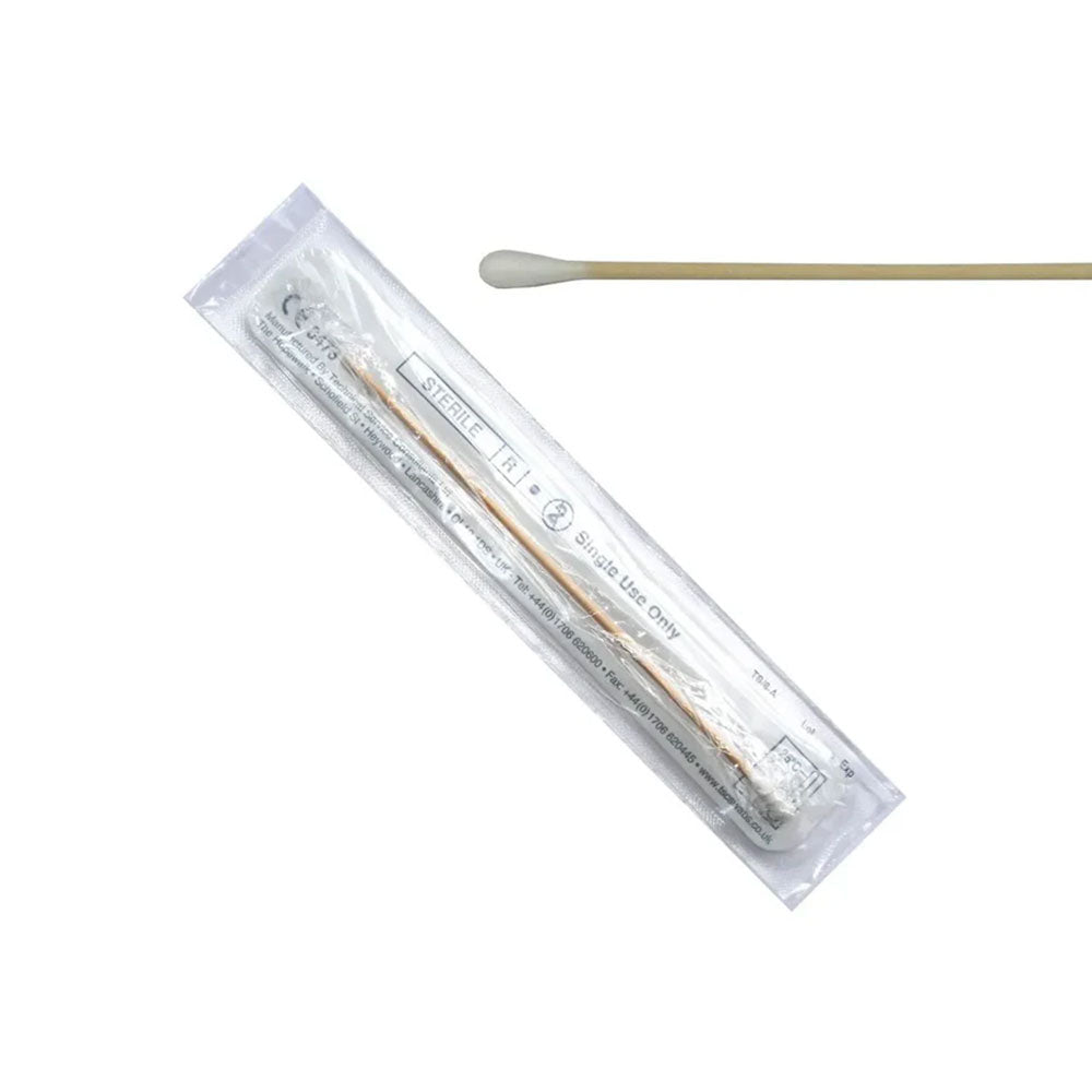 A single MedPharma USA sterile cotton tip applicator with a wooden handle is wrapped in transparent packaging, placed beside an unpackaged one, both on a plain white background.