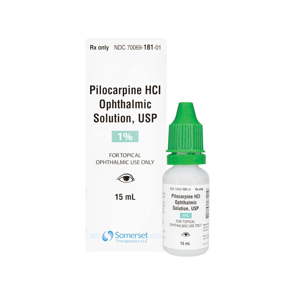 A small white bottle with a green cap, labeled Pilocarpine, 1%, 15mL, from MedPharma USA by Somerset, sits in front of its box. Its intended for topical ophthalmic use and may help stimulate saliva production or alleviate dry mouth.