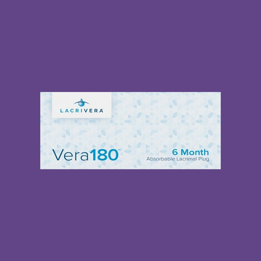 The Vera180 Absorbable Lacrimal Plug box, for a 6-month dry eye treatment, features a geometric pattern on purple. The Lacrivera brand offers synthetic absorbable plugs designed for comfort and efficacy.