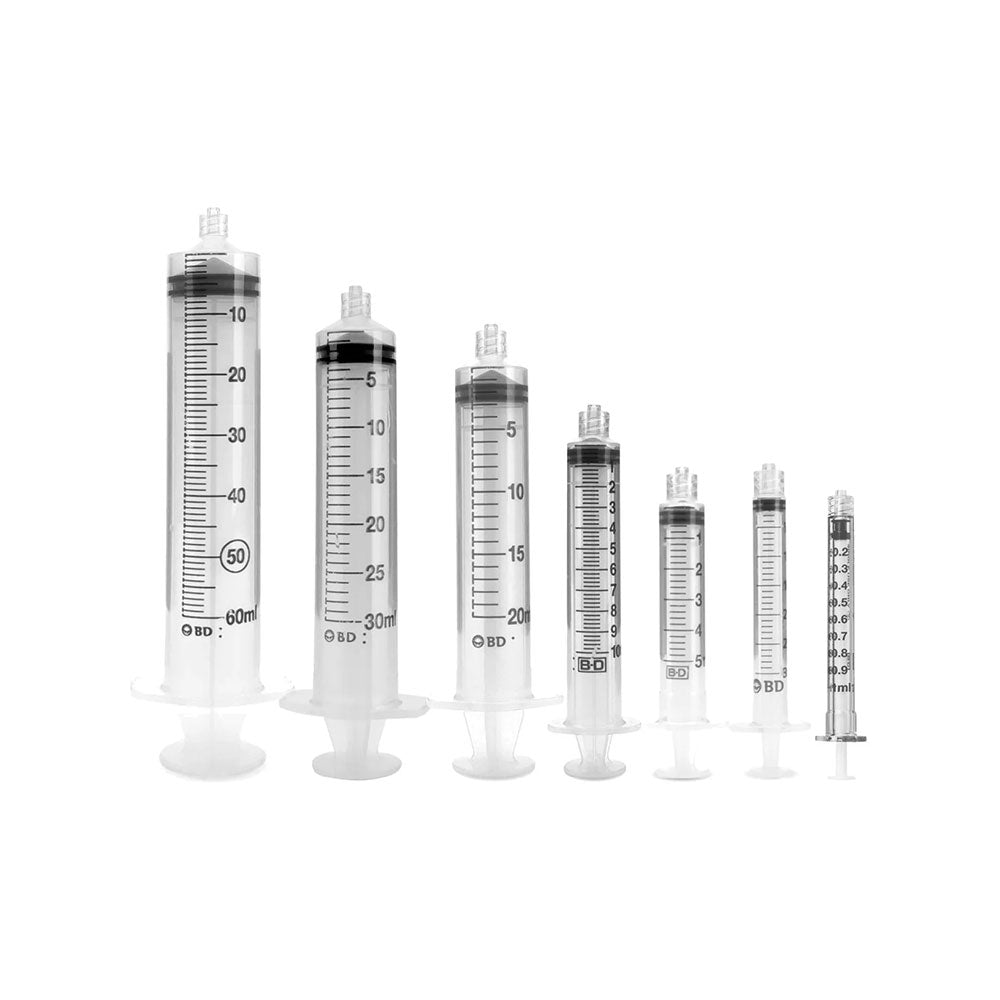 A row of six MedPharma USA syringes, featuring 1cc TB Syringe with Luer Slip Tip, arranged largest to smallest, showcases clear barrels with milliliter markings and white plungers against a plain white background.