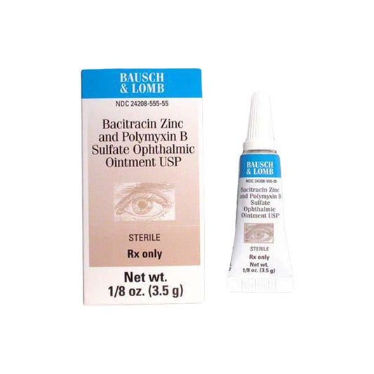 Image of MedPharma USAs Bacitracin Zinc Polymyxin B Sulfate Ophthalmic Ointment. The packaging reads STERILE and Rx only with net weight 3.5g (1/8 oz). An eye illustration decorates the box.