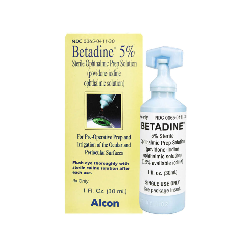 Image of a MedPharma USA Betadine Solution, 5%, Alcon, and its box featuring an eyedropper. This antiseptic solution is used for pre-operative ocular prep and irrigation. The light blue bottle holds 1 fl. oz. (30 mL) Povidone-Iodine solution for single use.