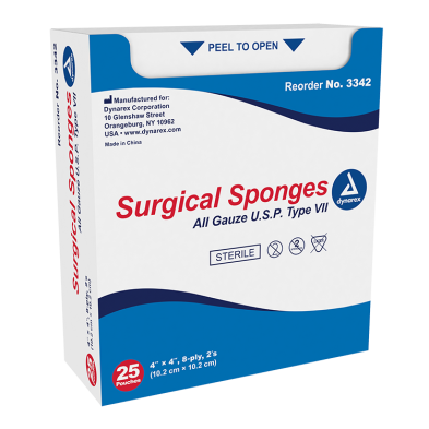 Gauze, 4 x 4, 8-ply,sterile, 2/pack, 25packs/Box