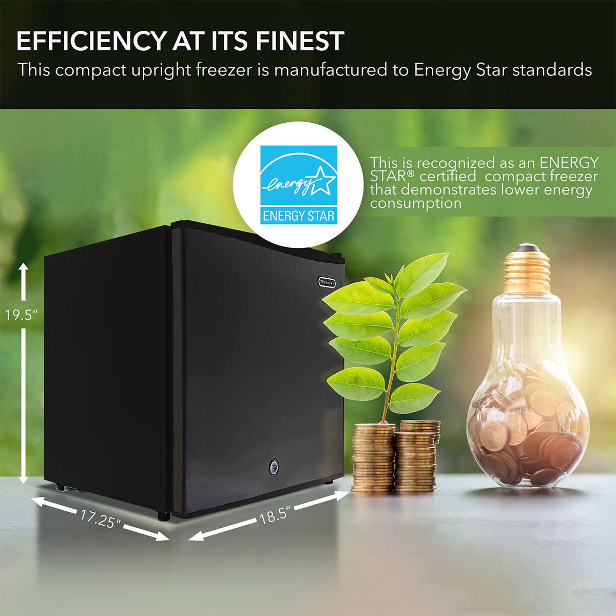The Whynter Black Stainless Steel Upright Freezer with Lock (1.1 cu ft) by BioTissue is a compact, ENERGY STAR-certified appliance, perfect for small spaces. Its energy-efficient design is symbolized by a light bulb with coins and a plant, while its dimensions are 19.5 H x 17.25 W x 18.5 D.