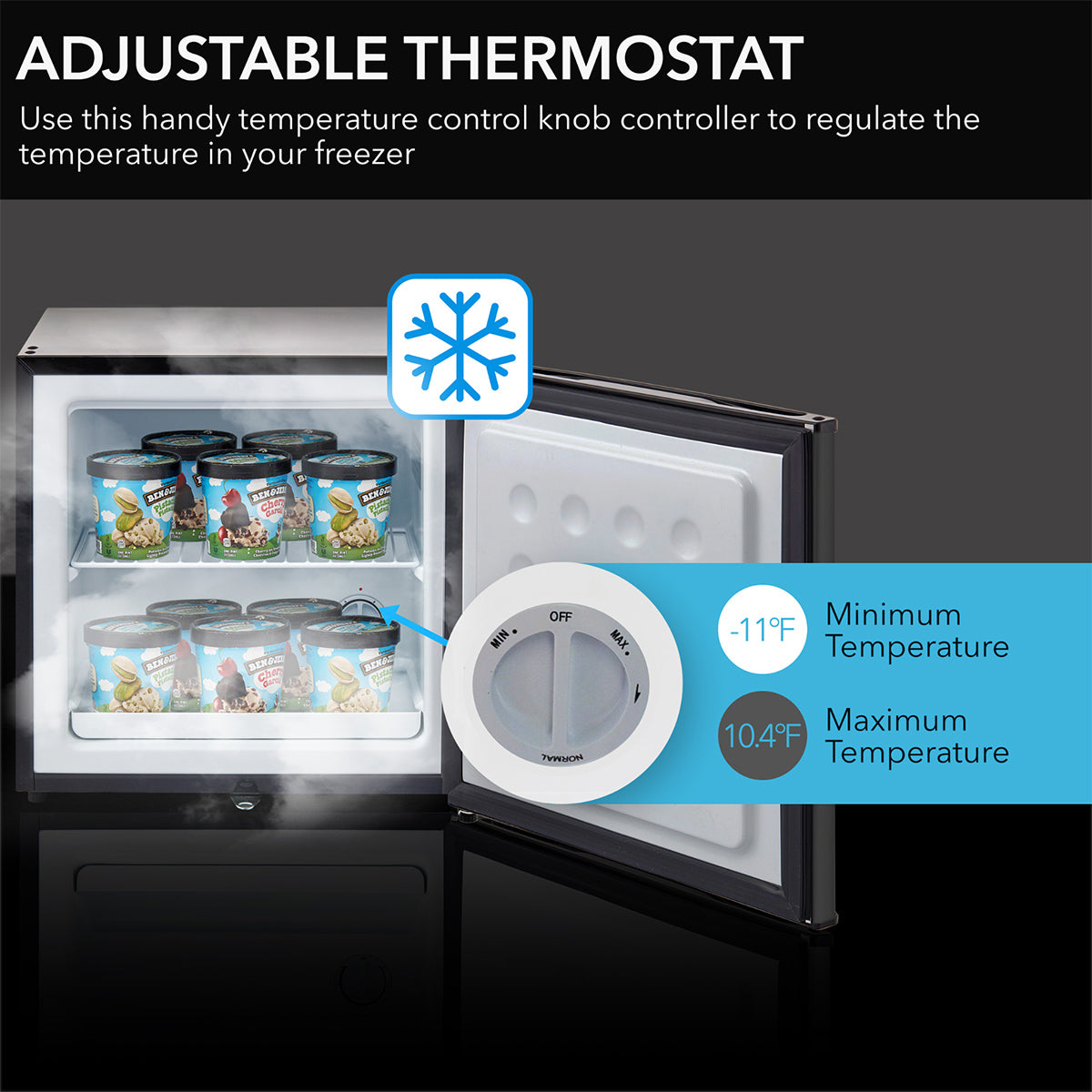 The Whynter Black Stainless Steel Upright Freezer by BioTissue (1.1 cu. ft.) opens to reveal ice cream tubs, while a close-up of the temperature control dial highlights settings from -11°F to 10.4°F. This ENERGY STAR-rated appliance delivers efficient cooling and energy savings for your frozen treats.