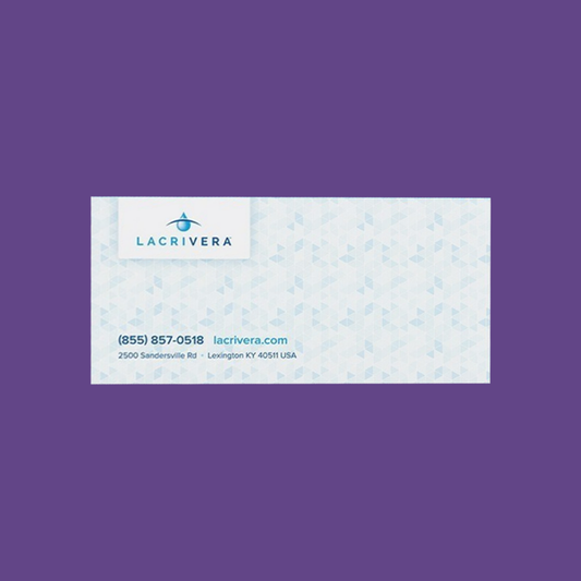 Lacrivera business card on a purple background showcases the logo at the top left, contact details—phone, website, and address—at the bottom. A geometric design emphasizes their proficiency in dry eye therapy with VeraC7 Collagen Plugs 7 day (60 plugs 10 x 6).