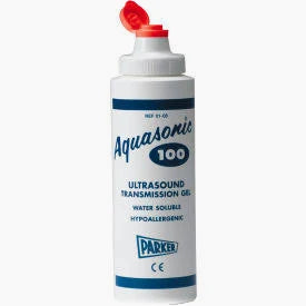 An 8oz bottle of MedPharma USAs Ultrasound Gel has a blue and white label, cylindrical design, and red flip-top cap. It emphasizes water-soluble and hypoallergenic properties for safe use in medical settings.