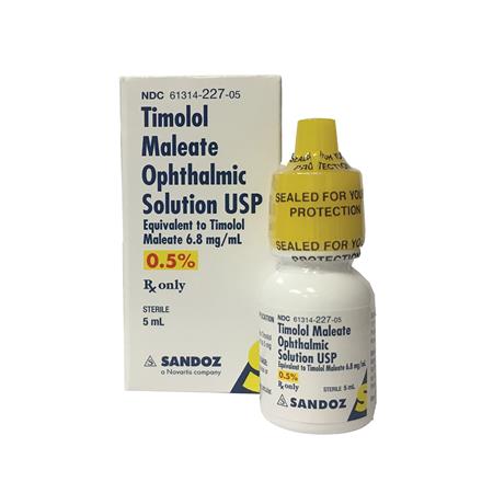 A 5mL bottle of Timolol, 0.5%, for glaucoma with a yellow cap sits in front of its box displaying the MedPharma USA logo.