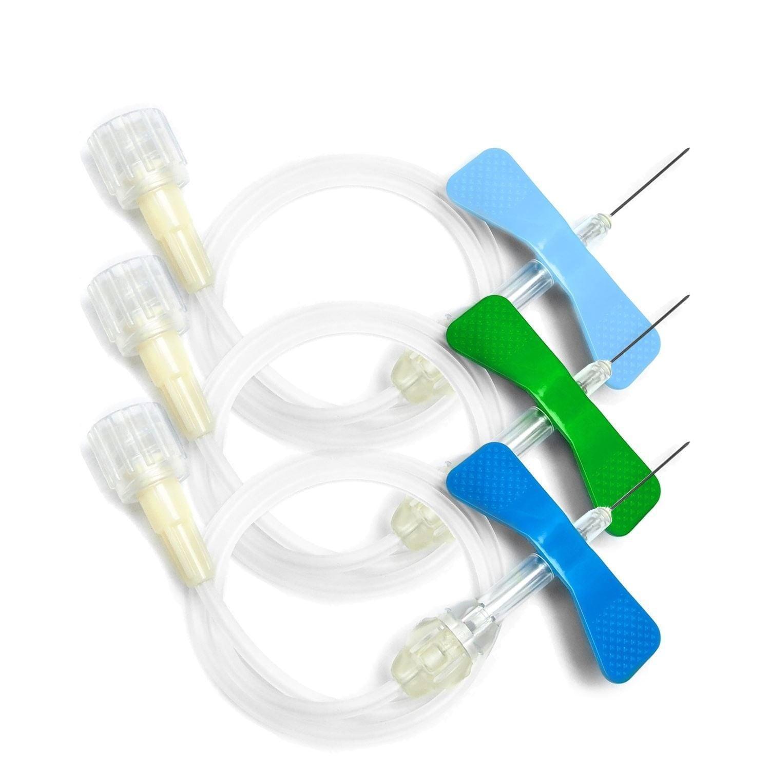 Three MedPharma USA Winged Infusion Sets with colored wings—one blue and two green—are displayed side by side. These sets, featuring 12 transparent tubing and capped connectors, are designed for easy venous access in medical procedures.